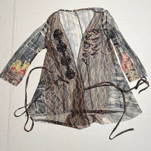 SAVE THE QUEEN Women's Multicolor Graphic Long Line Mesh Cardigan RARE Size M/L